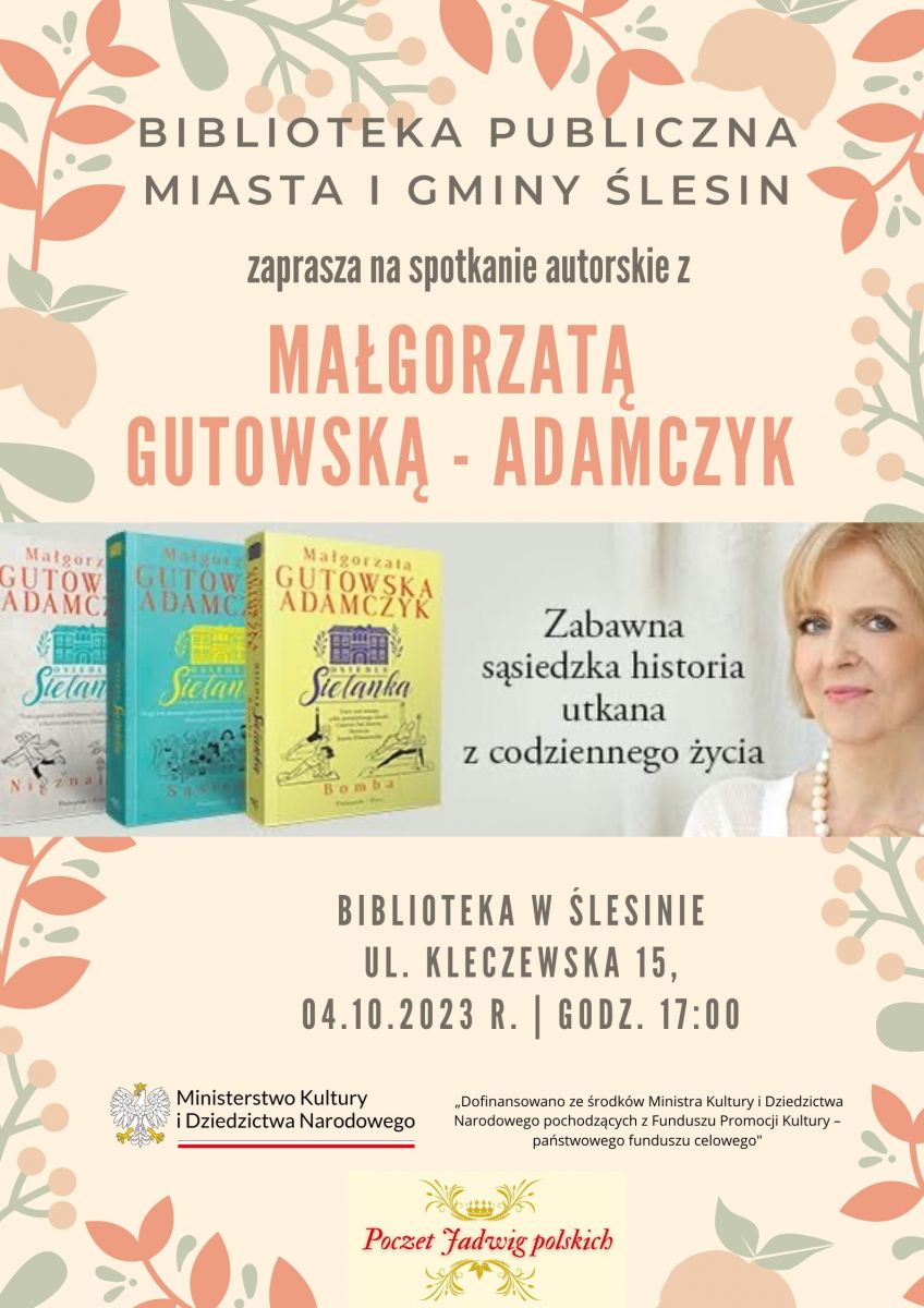 Plakat informujący o spotkaniu autorskim z Małgorzatą Gutowską Adamczyk.