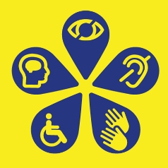Logo informujące o dostępności biblioteki dla osób niepełnosprawnych umysłowo, niewidomych, głuchych i poruszających sie na wózku inwalidzkim.